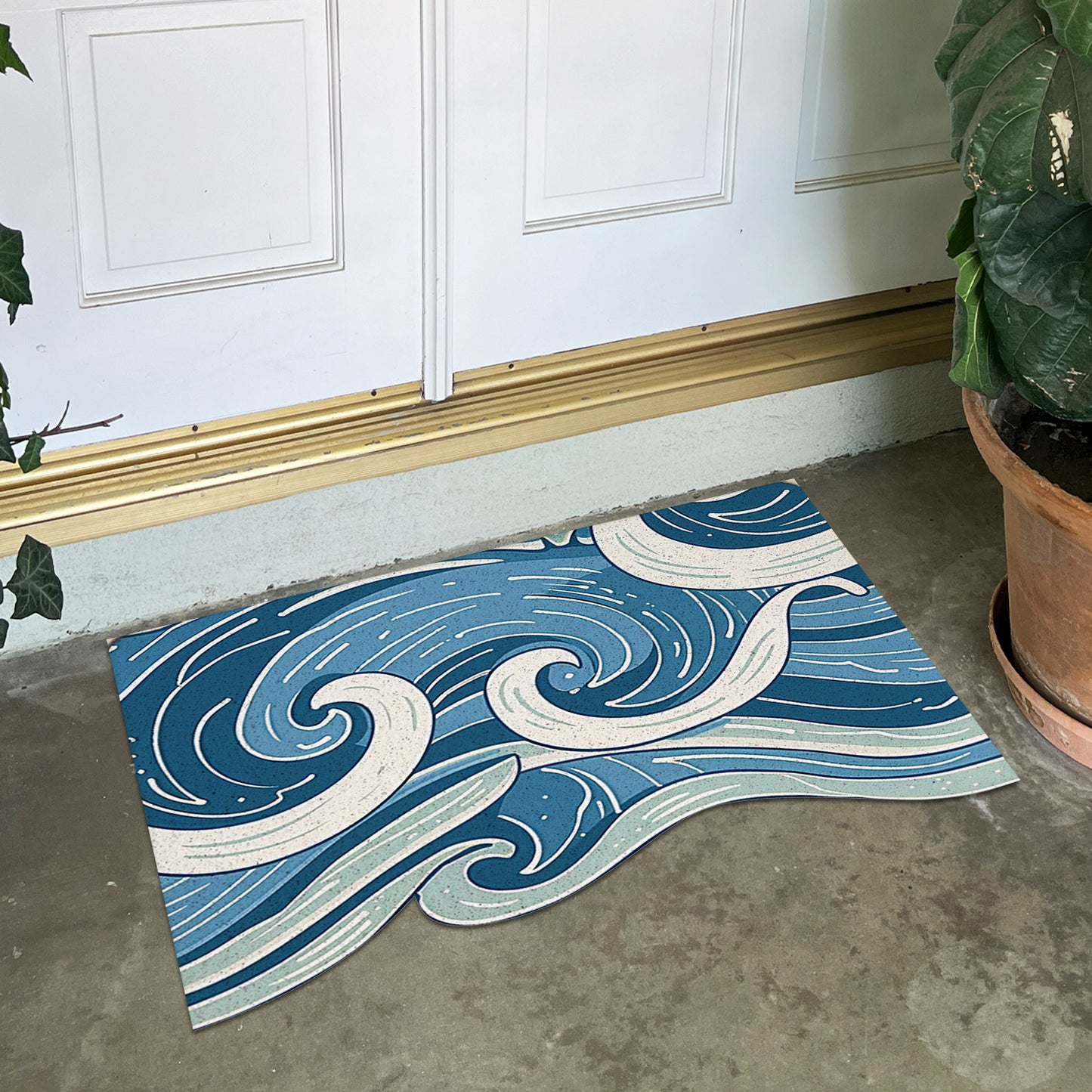 Feblilac Blue Ocean Waves PVC Coil Door Mat