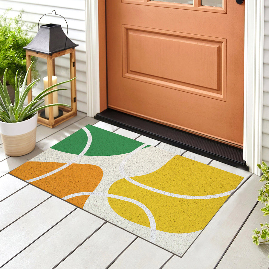 Feblilac Red Yellow Green Abstract Curves PVC coil door mat at the front door on a tiled porch