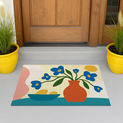 Feblilac Vase and Blue Flowers PVC coil door mat at the front door on a tiled porch