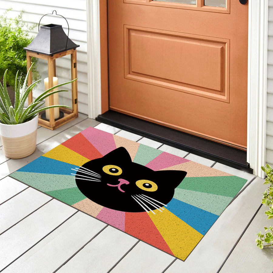 Feblilac Black Cat Colorful Stripes PVC Coil Door Mat