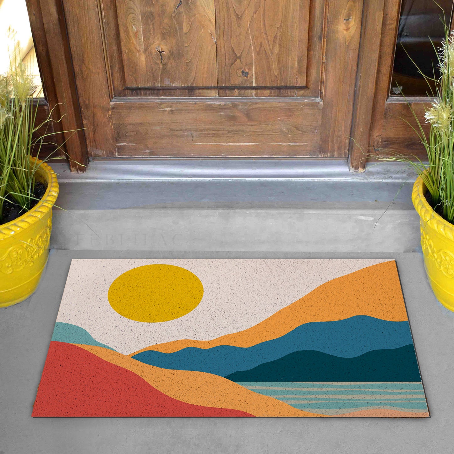 Feblilac Red Orange Blue Lake Sunset PVC Coil Door Mat