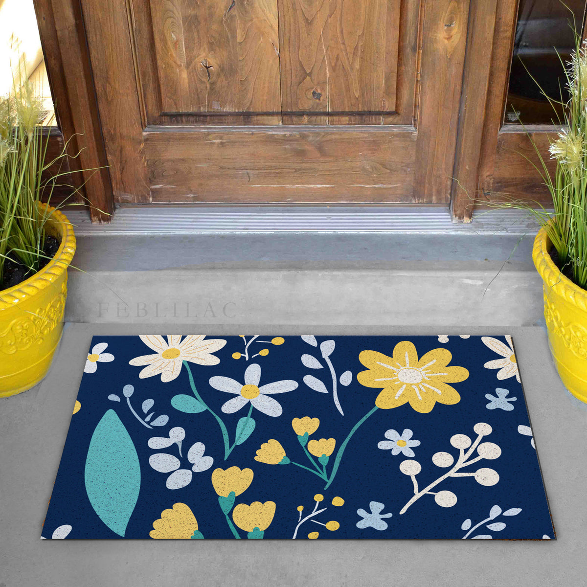 Feblilac Flower Pattern PVC coil door mat on a doorstep with potted plants