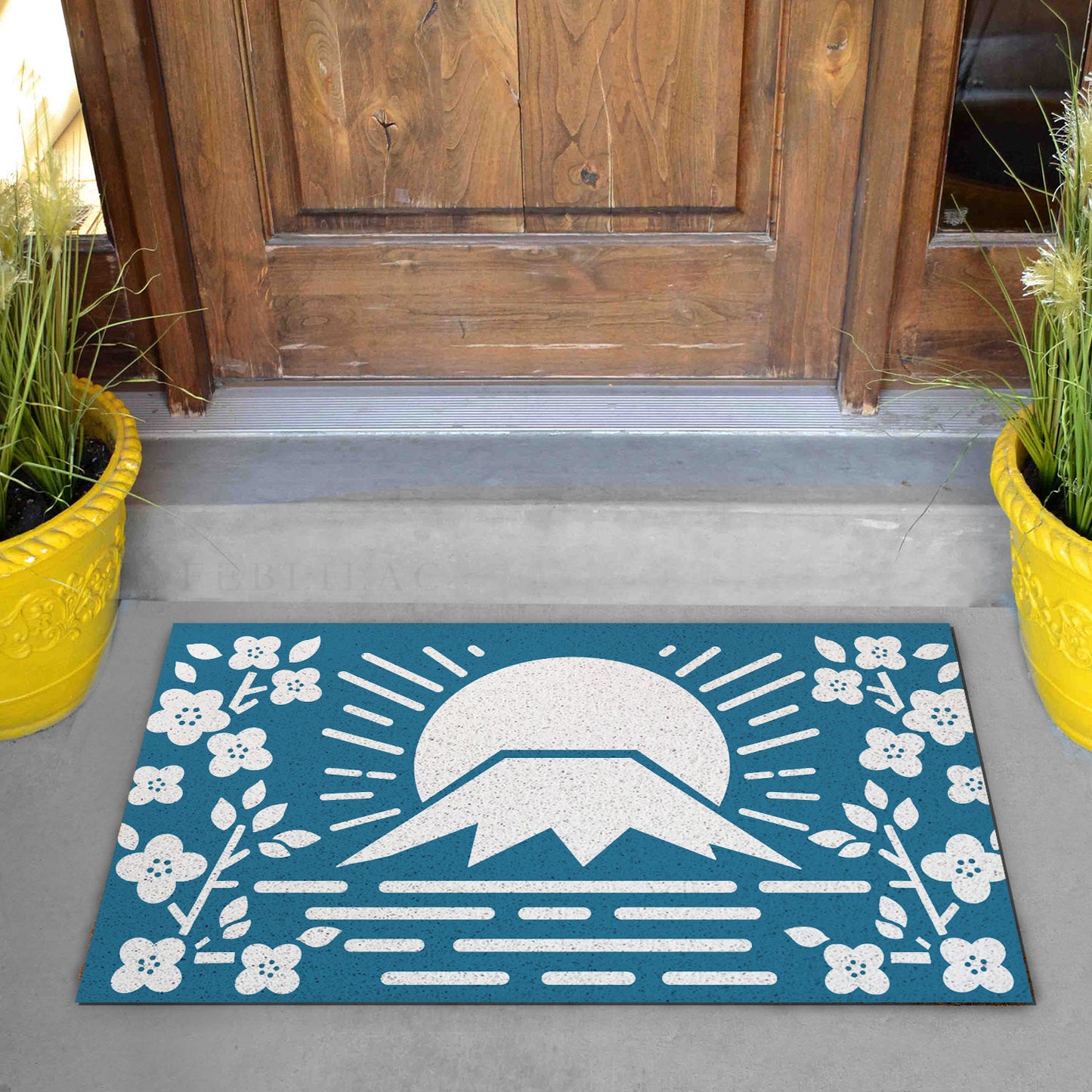 Feblilac Simple Blue Background Mt. Fuji Cherry Blossoms PVC Coil Door Mat