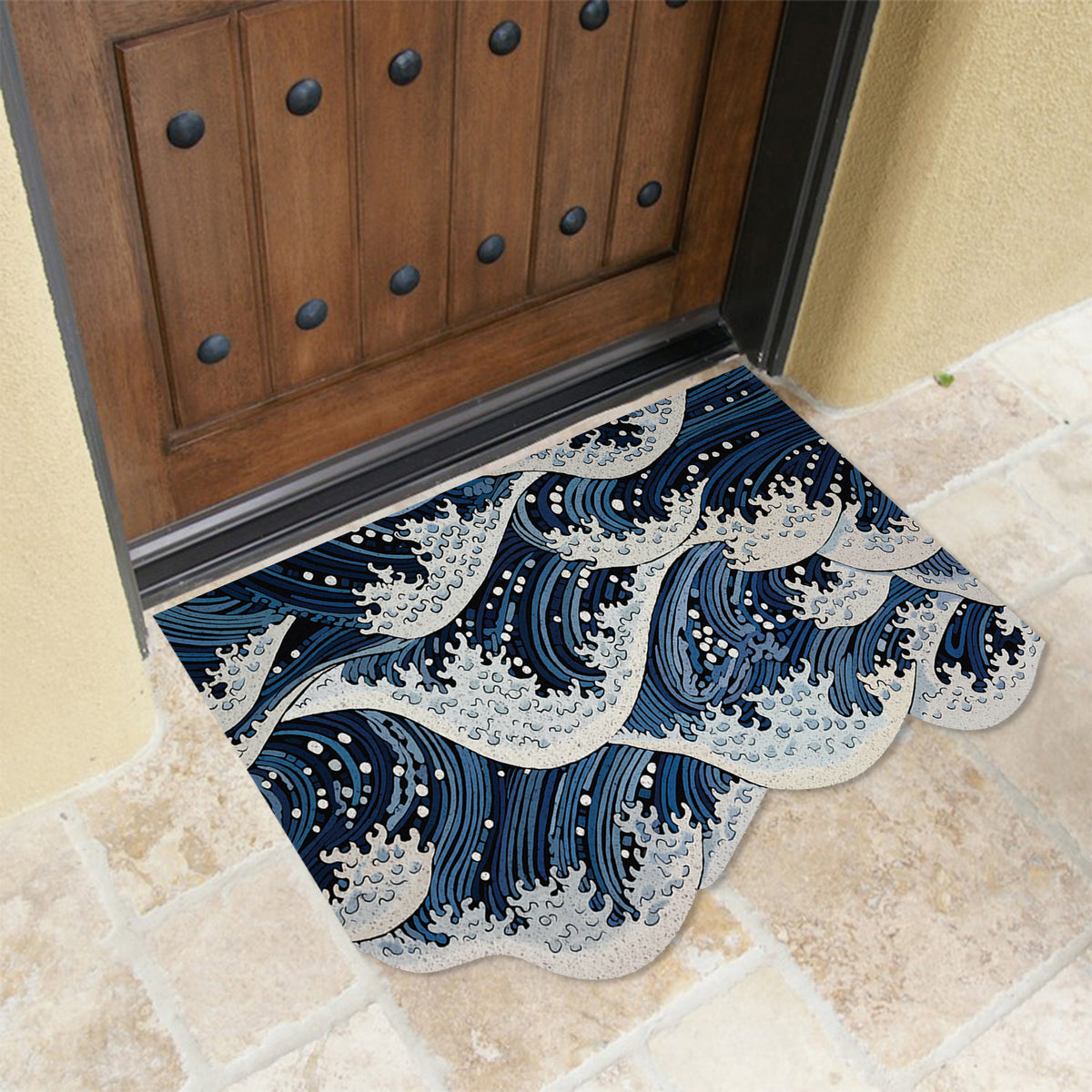 Feblilac Ukiyo-e Wave PVC coil door mat on a doorstep with potted plants