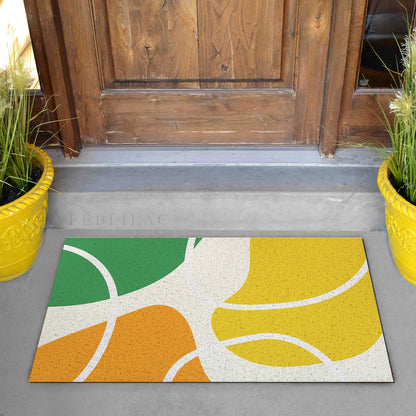 Feblilac Red Yellow Green Abstract Curves PVC coil door mat on a doorstep with potted plants