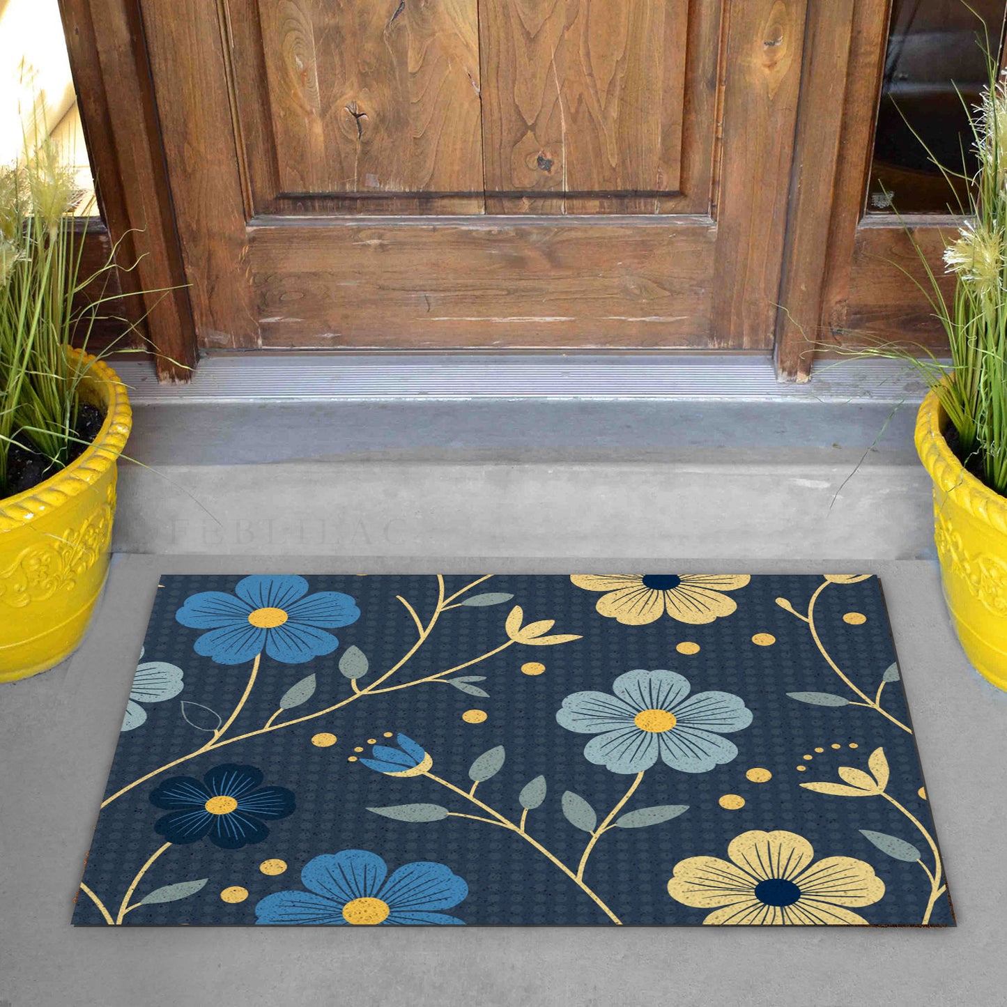 Feblilac Japanese Blue and Gold Flowers PVC Coil Door Mat