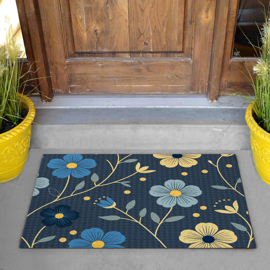 Feblilac Japanese Blue and Gold Flowers PVC Coil Door Mat - view 4