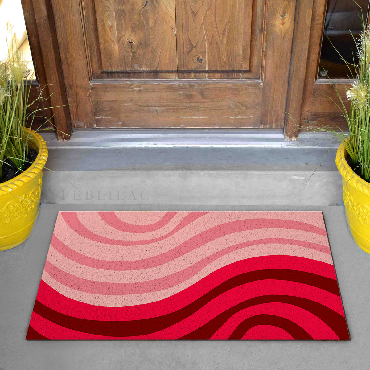 Feblilac Minimal Abstract Curves PVC coil door mat on a doorstep with potted plants
