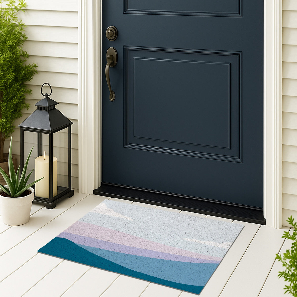 Feblilac Blue and Purple Mountain Mist PVC Coil Door Mat – Abstract Landscape Entrance Mat on a doorstep beside a navy door and lantern