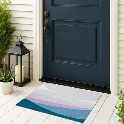 Feblilac Blue and Purple Mountain Mist PVC Coil Door Mat – Abstract Landscape Entrance Mat on a doorstep beside a navy door and lantern