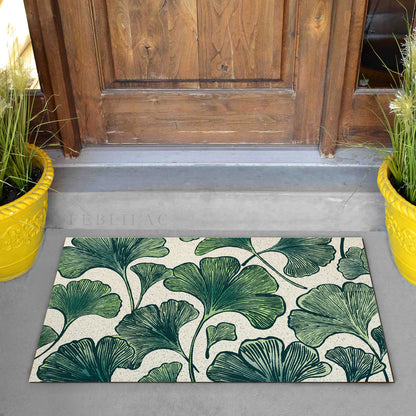 Feblilac Ginkgo Leaf Pattern PVC coil door mat on a doorstep with potted plants