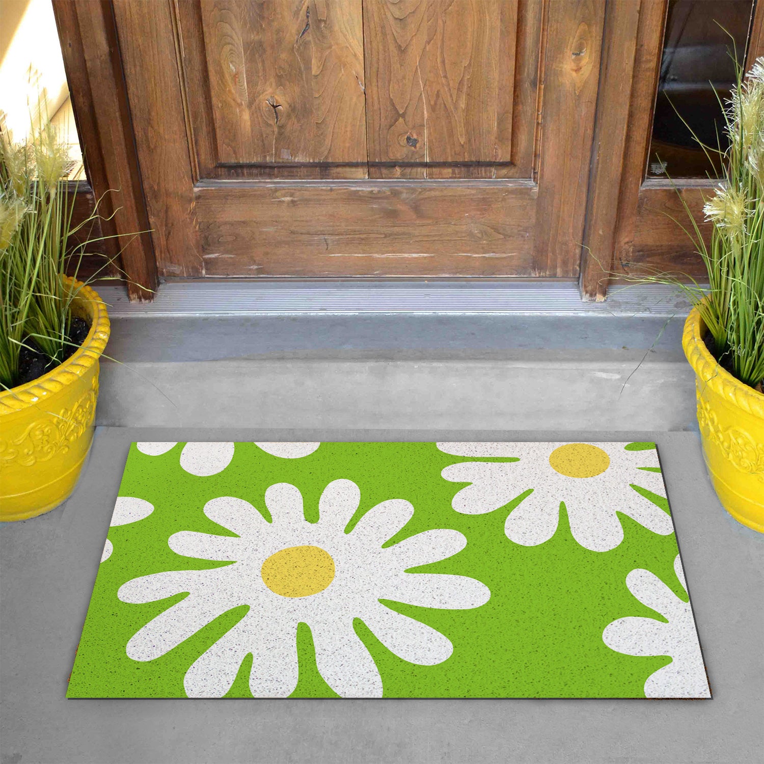 Feblilac Green Background Irregular Daisy PVC Coil Door Mat @Frank’s design