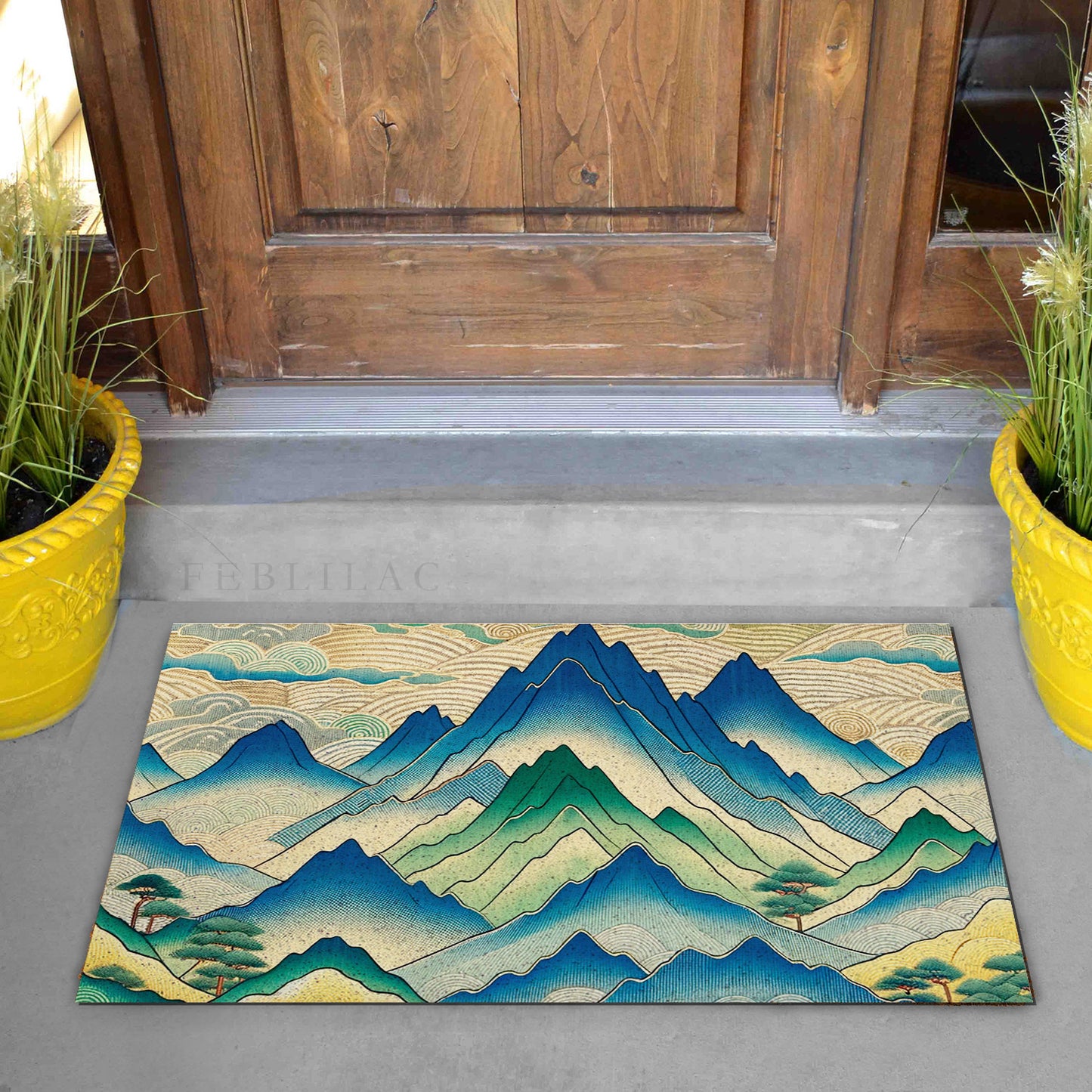 Feblilac PVC Japanese Mountains Welcome Mats for Front Door