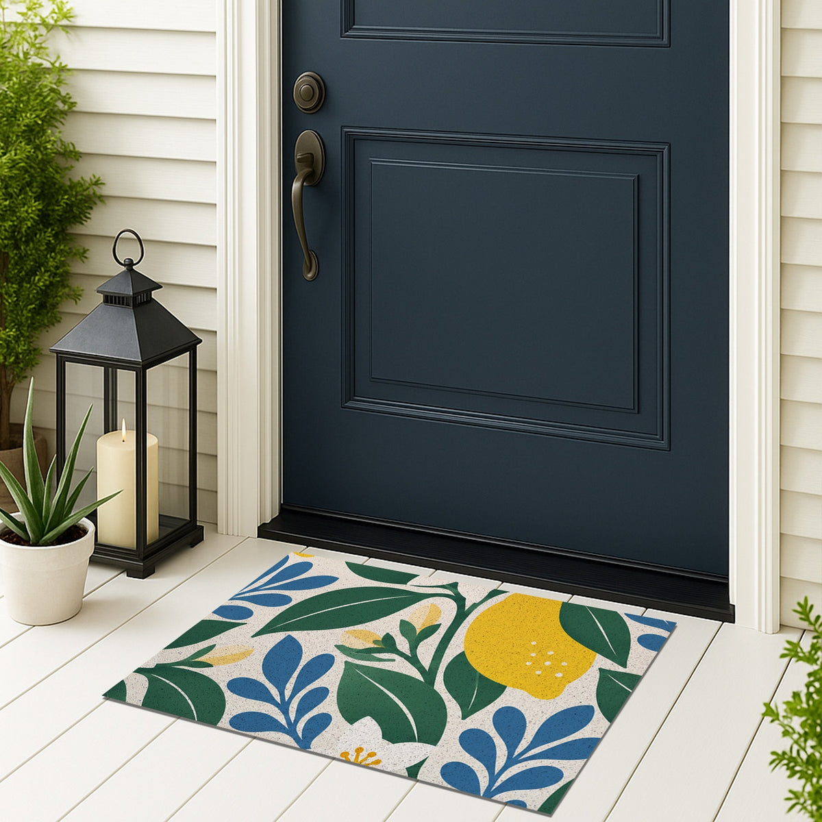Feblilac Lemon Blossom PVC coil door mat on a doorstep with potted plants