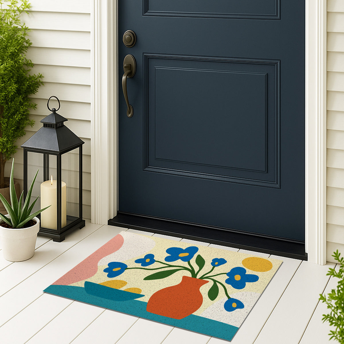 Feblilac Vase and Blue Flowers PVC coil door mat on a doorstep with potted plants