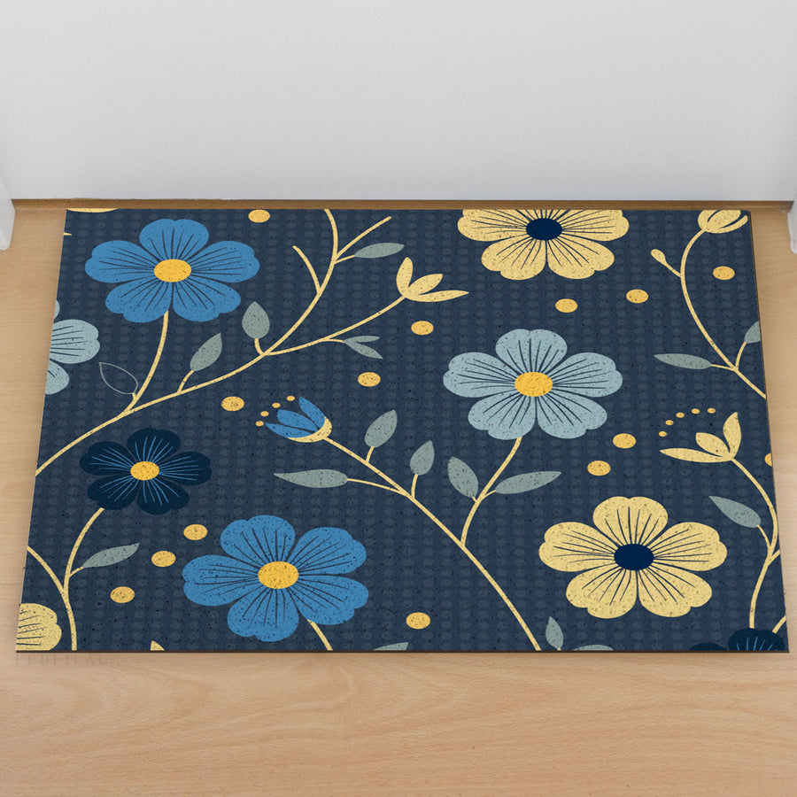 Feblilac Japanese Blue and Gold Flowers PVC Coil Door Mat - view 2