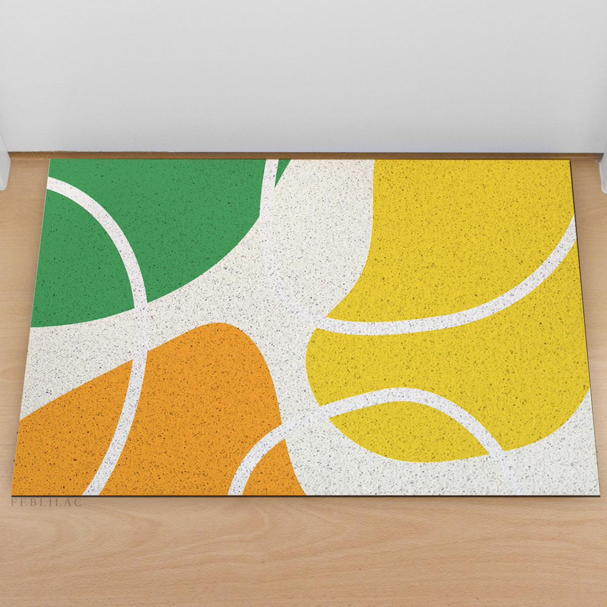 Feblilac Red Yellow Green Abstract Curves PVC coil door mat at an entryway with a wooden door