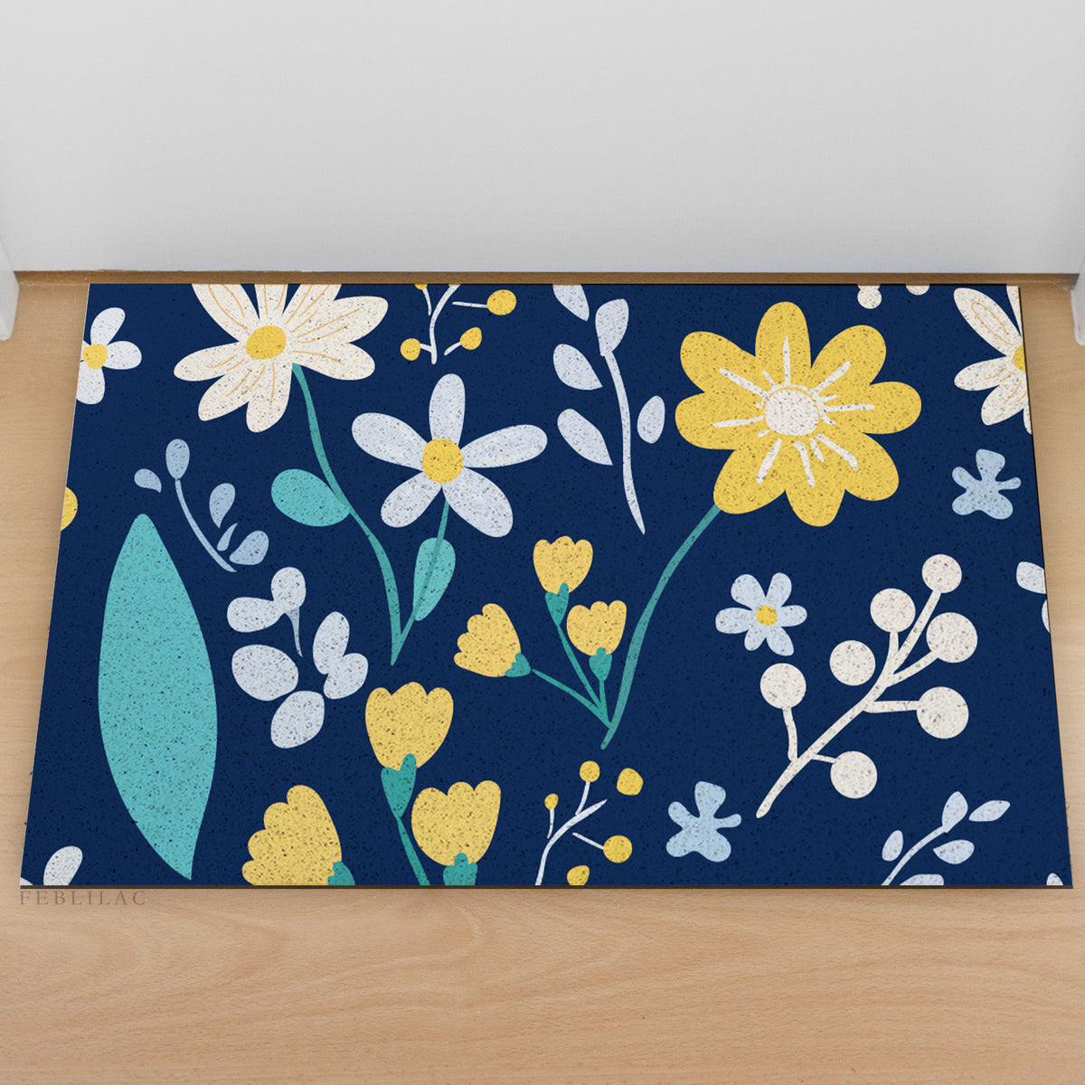 Feblilac Flower Pattern PVC coil door mat at an entryway with a wooden door