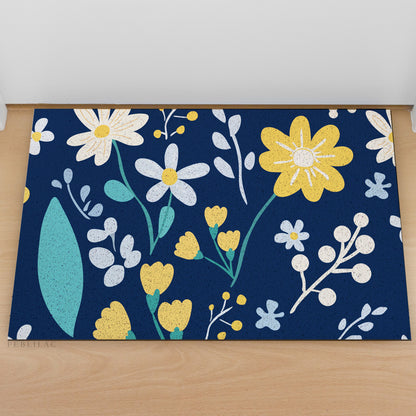 Feblilac Flower Pattern PVC coil door mat at an entryway with a wooden door