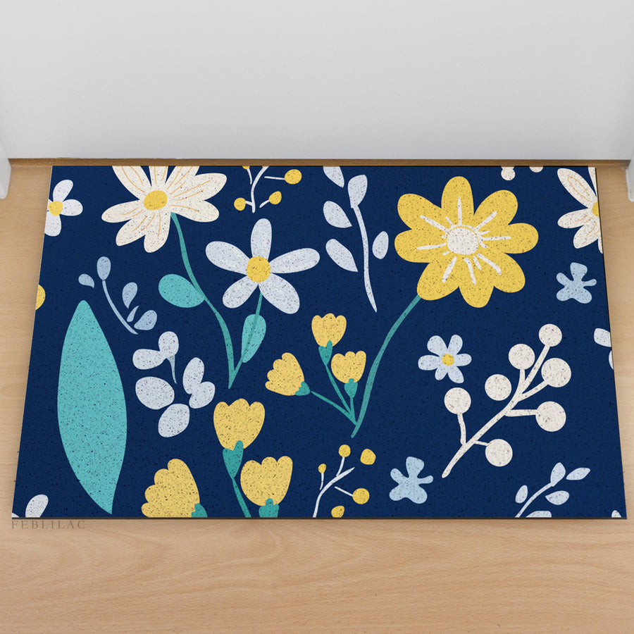 Feblilac Flower Pattern PVC coil door mat at an entryway with a wooden door