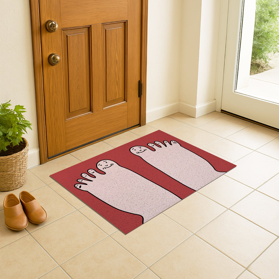 Feblilac Five Toes PVC coil door mat at an entryway with a wooden door
