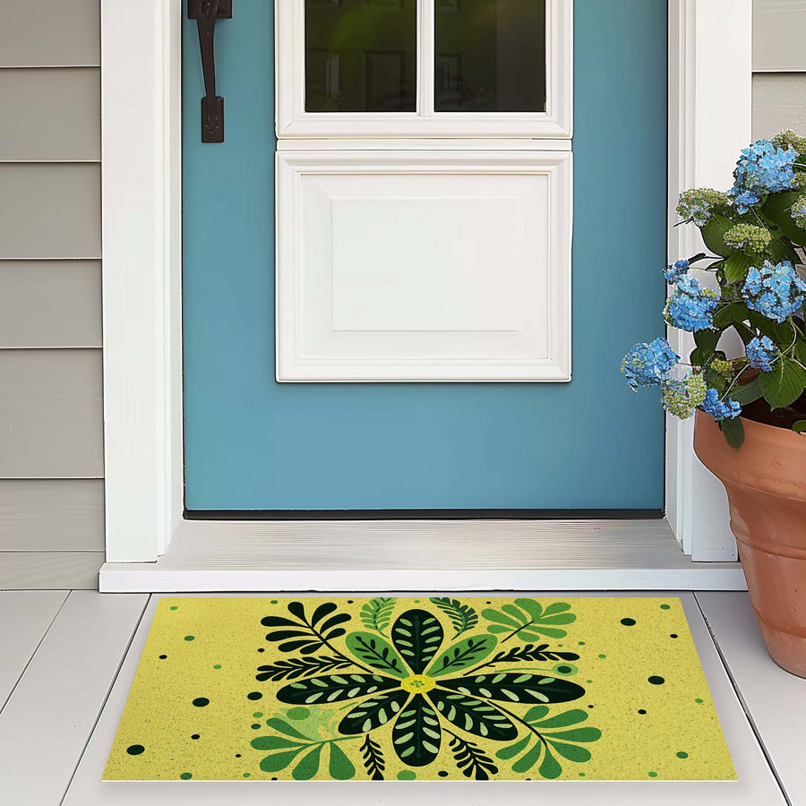 Feblilac Yellow Background Green Leaves PVC Coil Door Mat - view 3