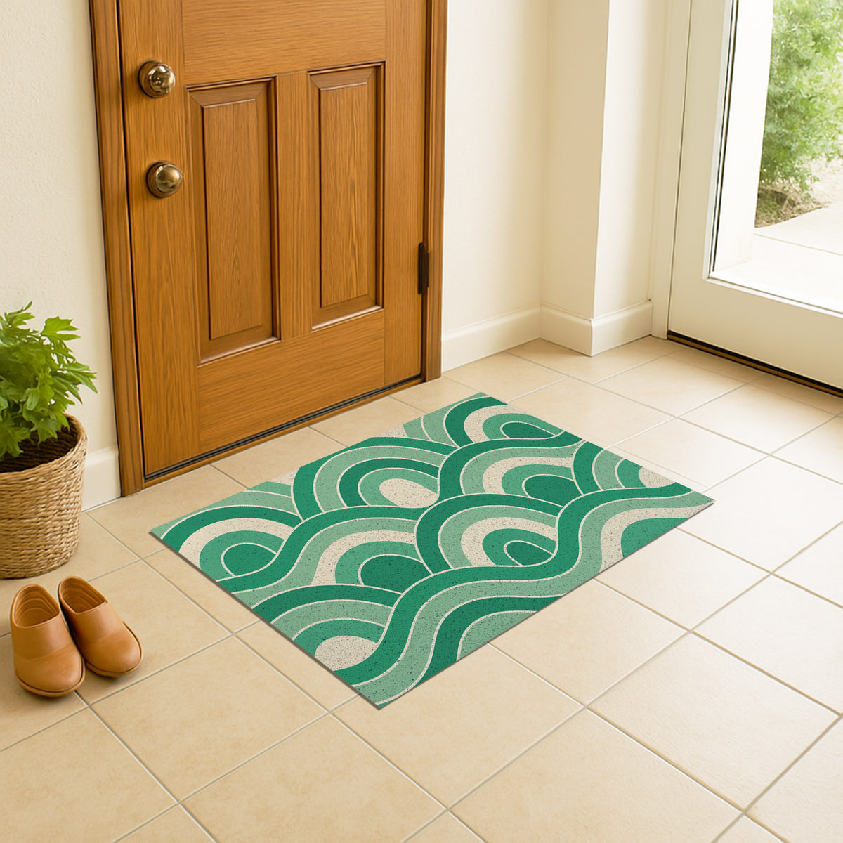 Feblilac Green Wave PVC coil door mat at an entryway with a wooden door