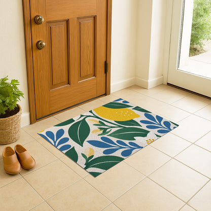 Feblilac Lemon Blossom PVC coil door mat at an entryway with a wooden door
