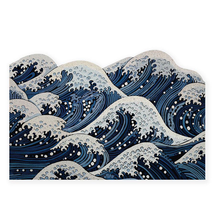 Feblilac Ukiyo-e Wave PVC coil door mat at an entryway with a wooden door