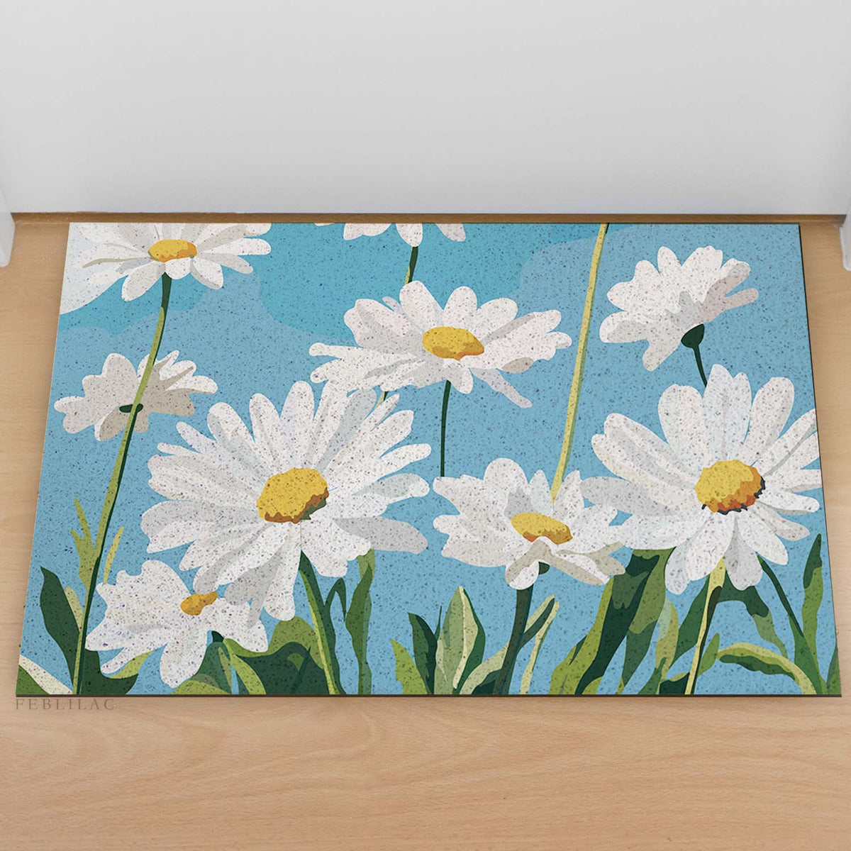 Feblilac Blue Sky Daisies PVC coil door mat at an entryway with a wooden door
