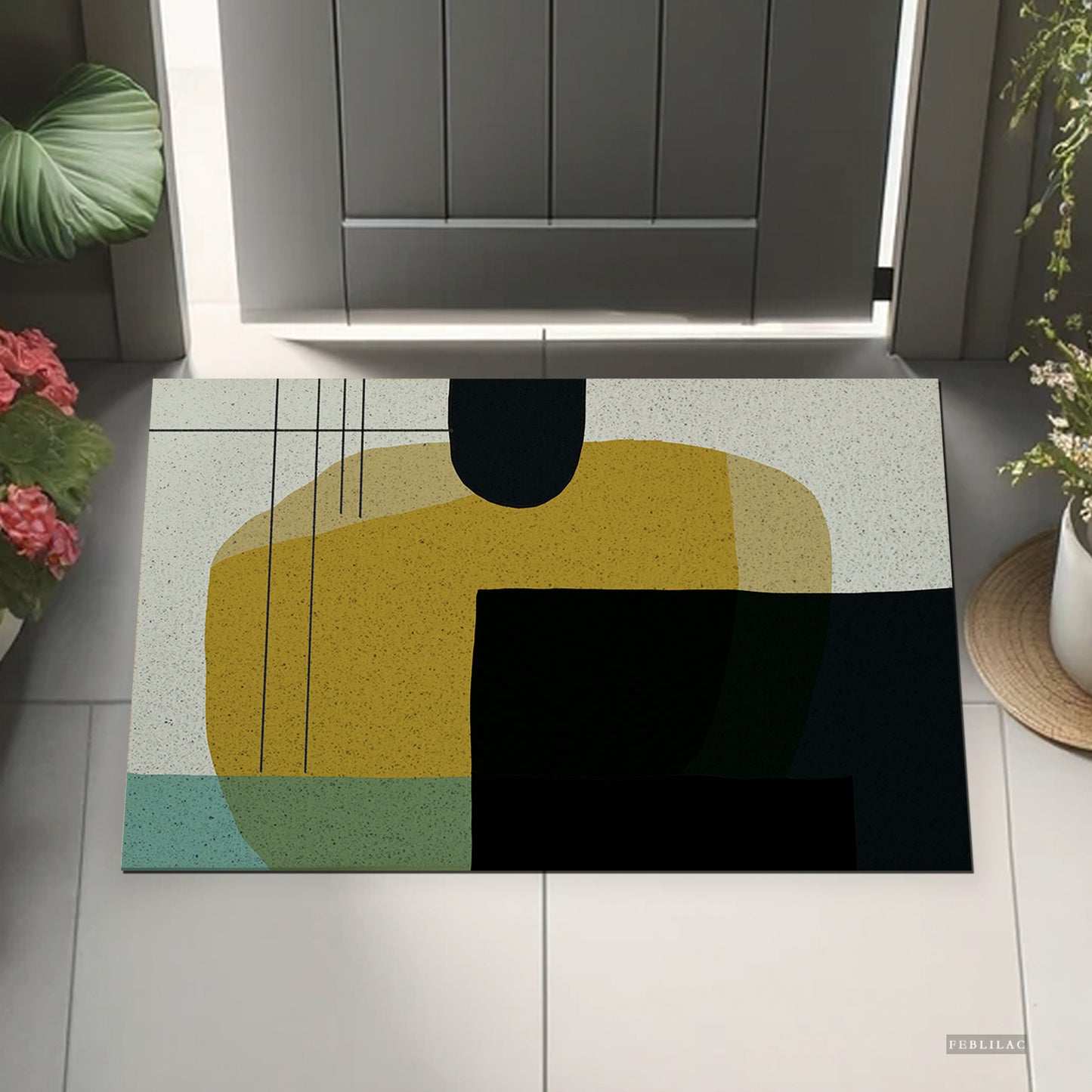 Feblilac Green Black Yellow Modern Abstract PVC Coil Door Mat