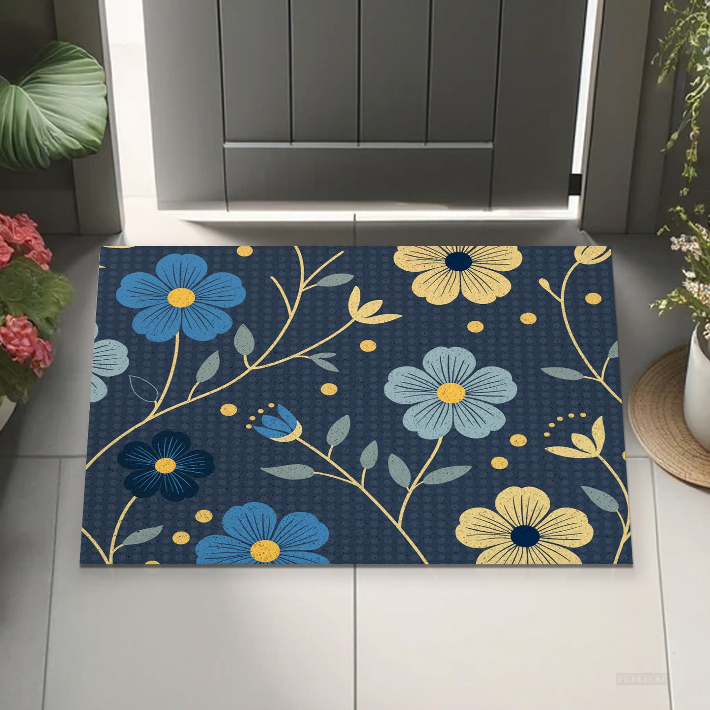 Feblilac Japanese Blue and Gold Flowers PVC Coil Door Mat