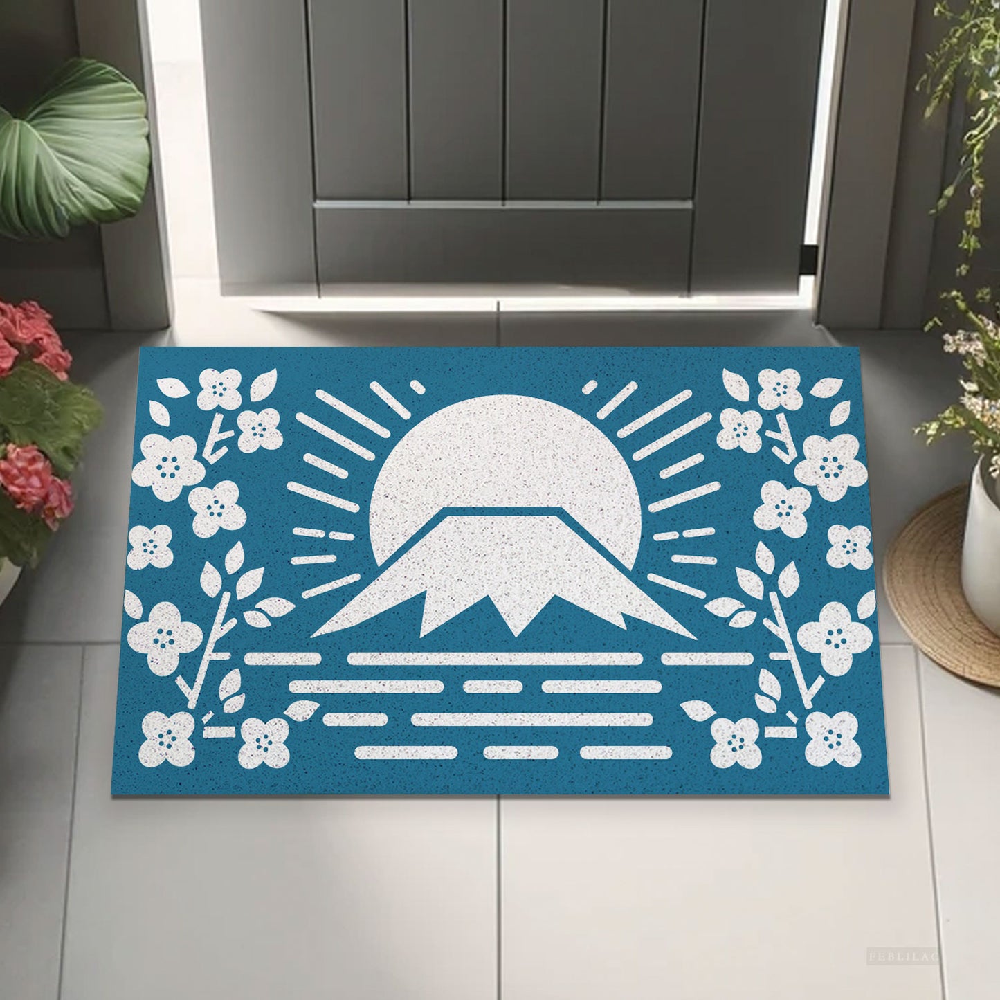 Feblilac Simple Blue Background Mt. Fuji Cherry Blossoms PVC Coil Door Mat