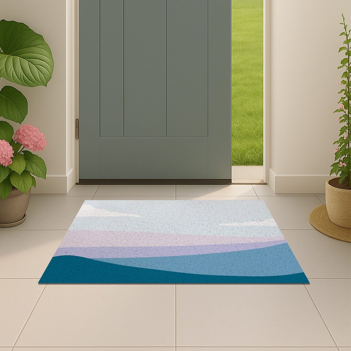 Feblilac Blue and Purple Mountain Mist PVC Coil Door Mat – Abstract Landscape Entrance Mat at a sage green entry door with a planter