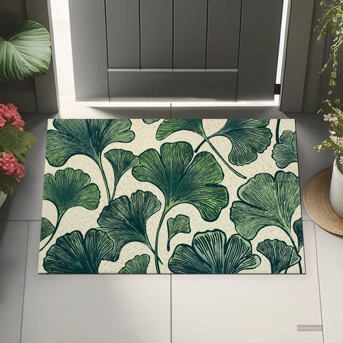 Feblilac Ginkgo Leaf Pattern PVC coil door mat beside a doorway on grey stone