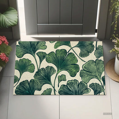 Feblilac Ginkgo Leaf Pattern PVC coil door mat beside a doorway on grey stone