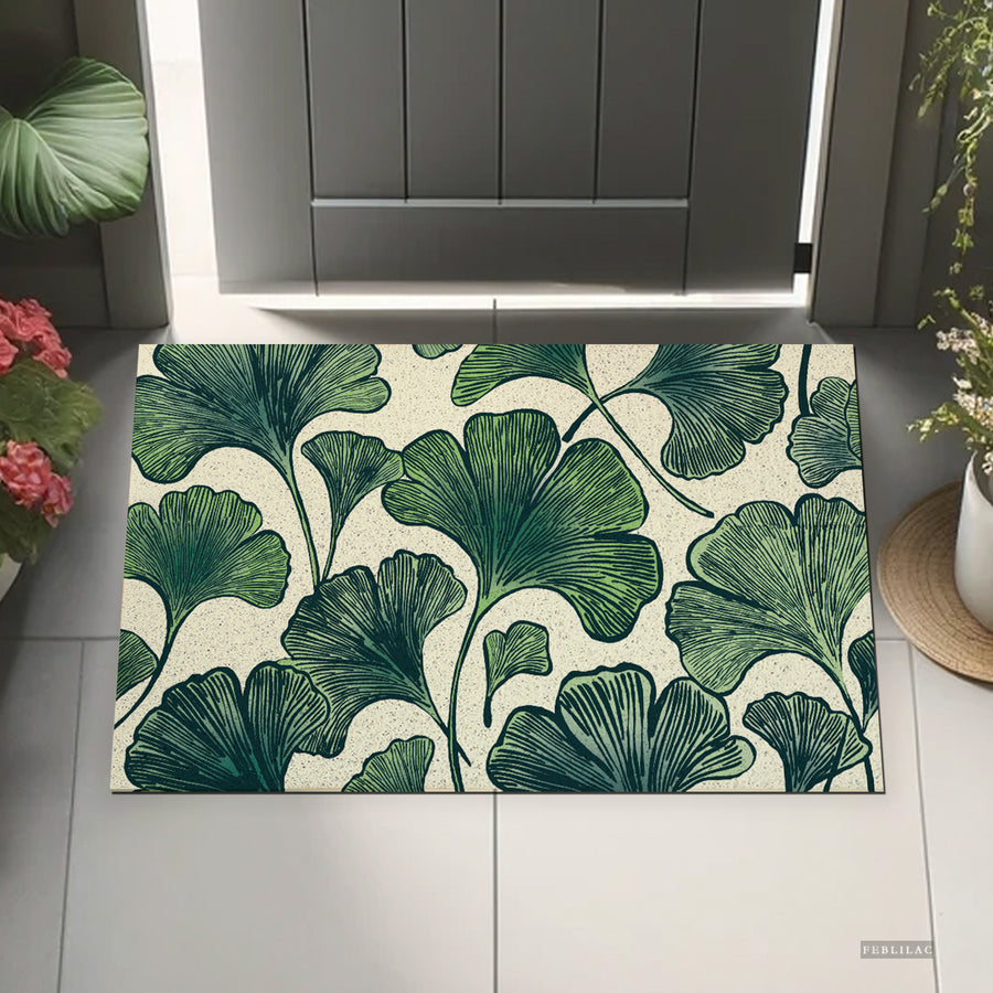 Feblilac Ginkgo Leaf Pattern PVC coil door mat beside a doorway on grey stone