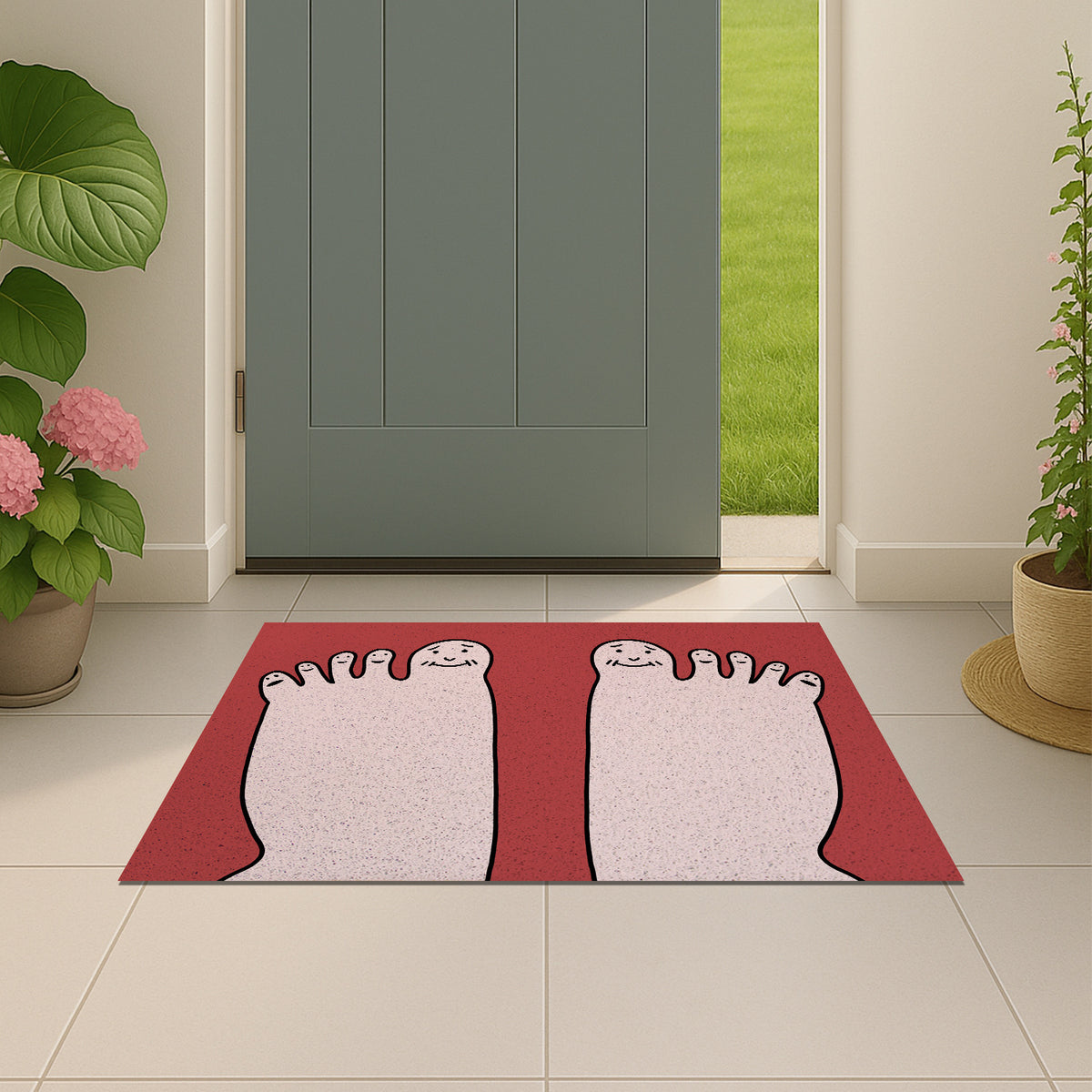 Feblilac Five Toes PVC coil door mat beside a doorway on grey stone