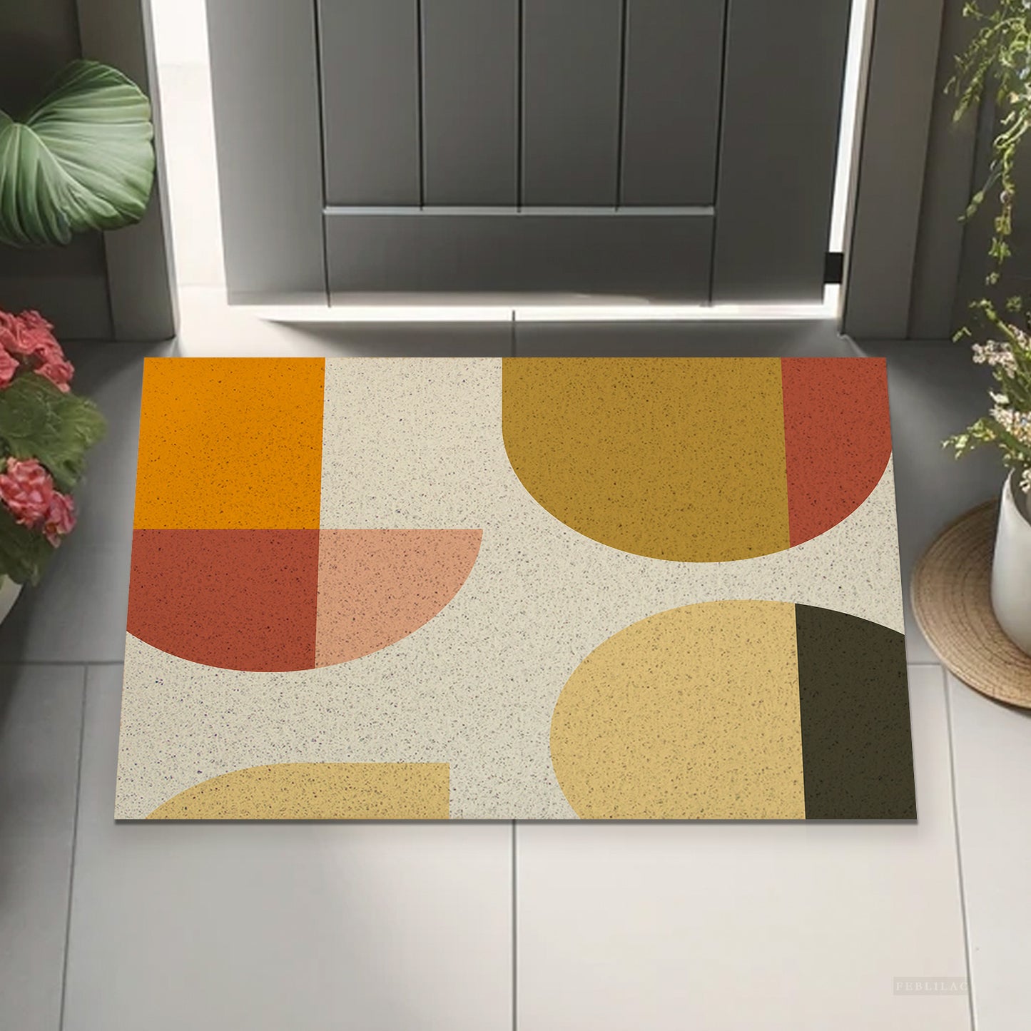 Feblilac Orange Semicircle Rectangle PVC Coil Door Mat