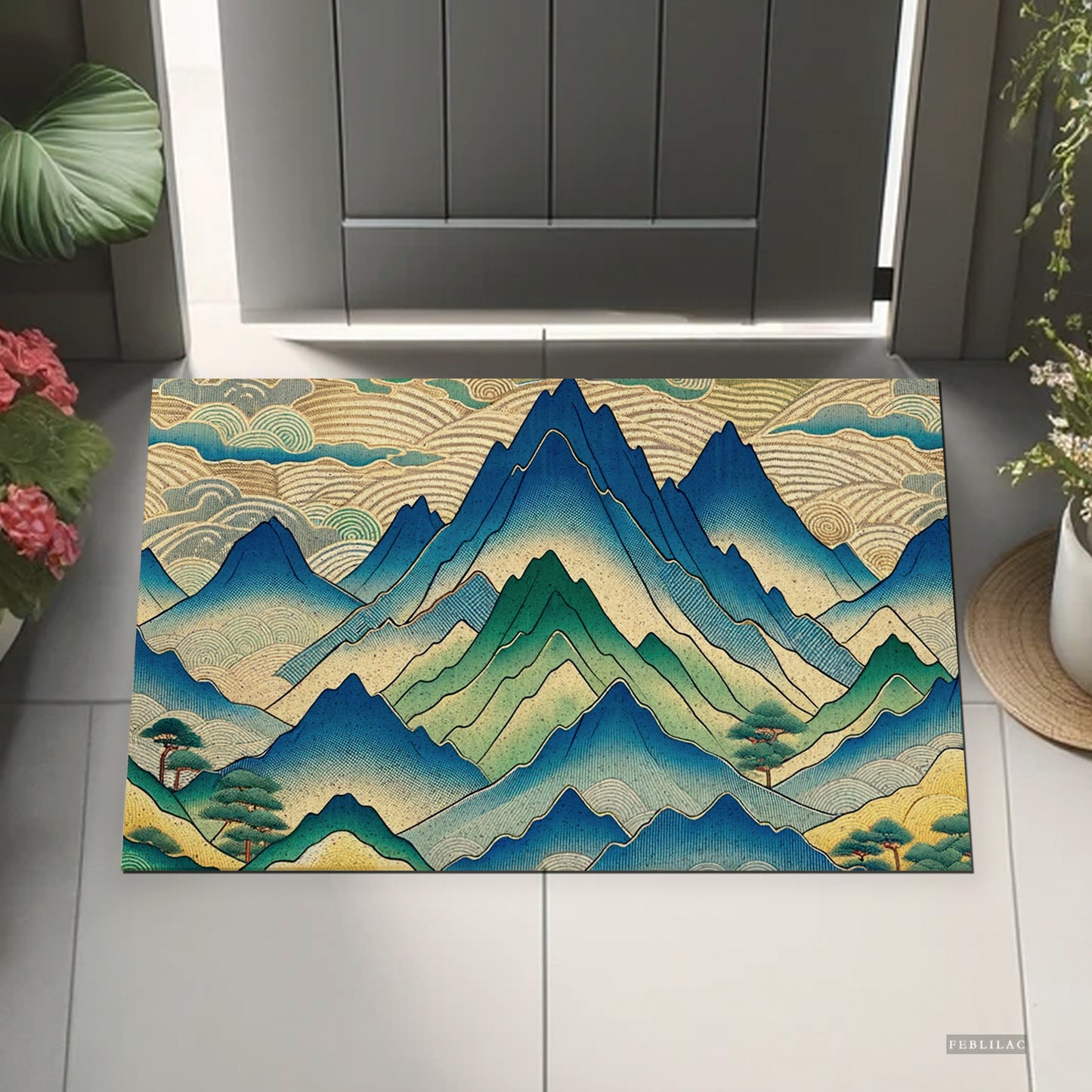 Feblilac PVC Japanese Mountains Welcome Mats for Front Door