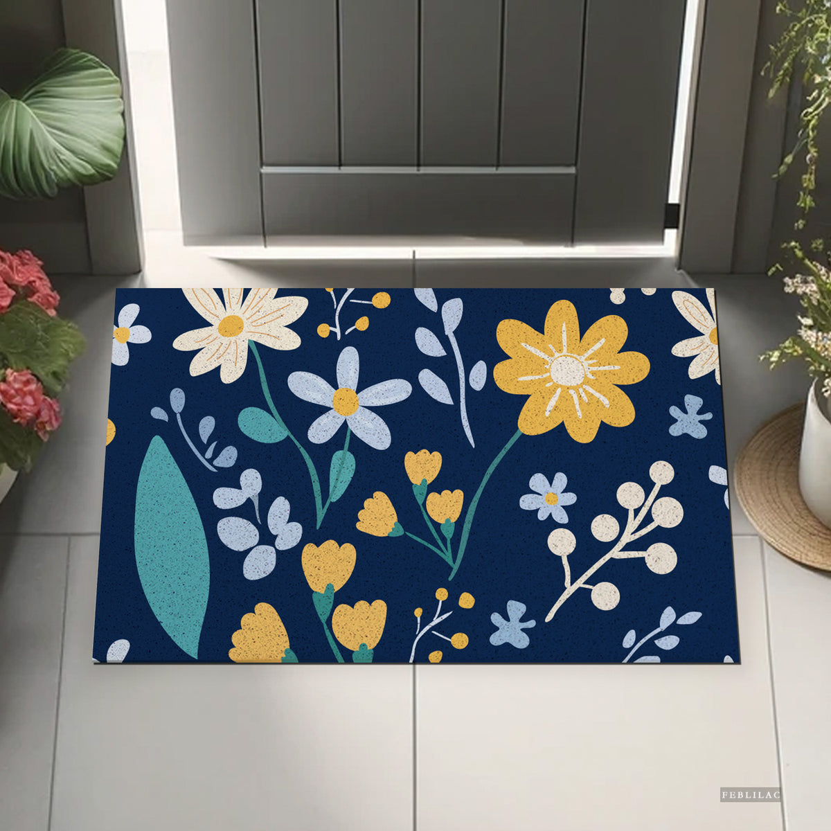 Feblilac Flower Pattern PVC coil door mat beside a doorway on grey stone