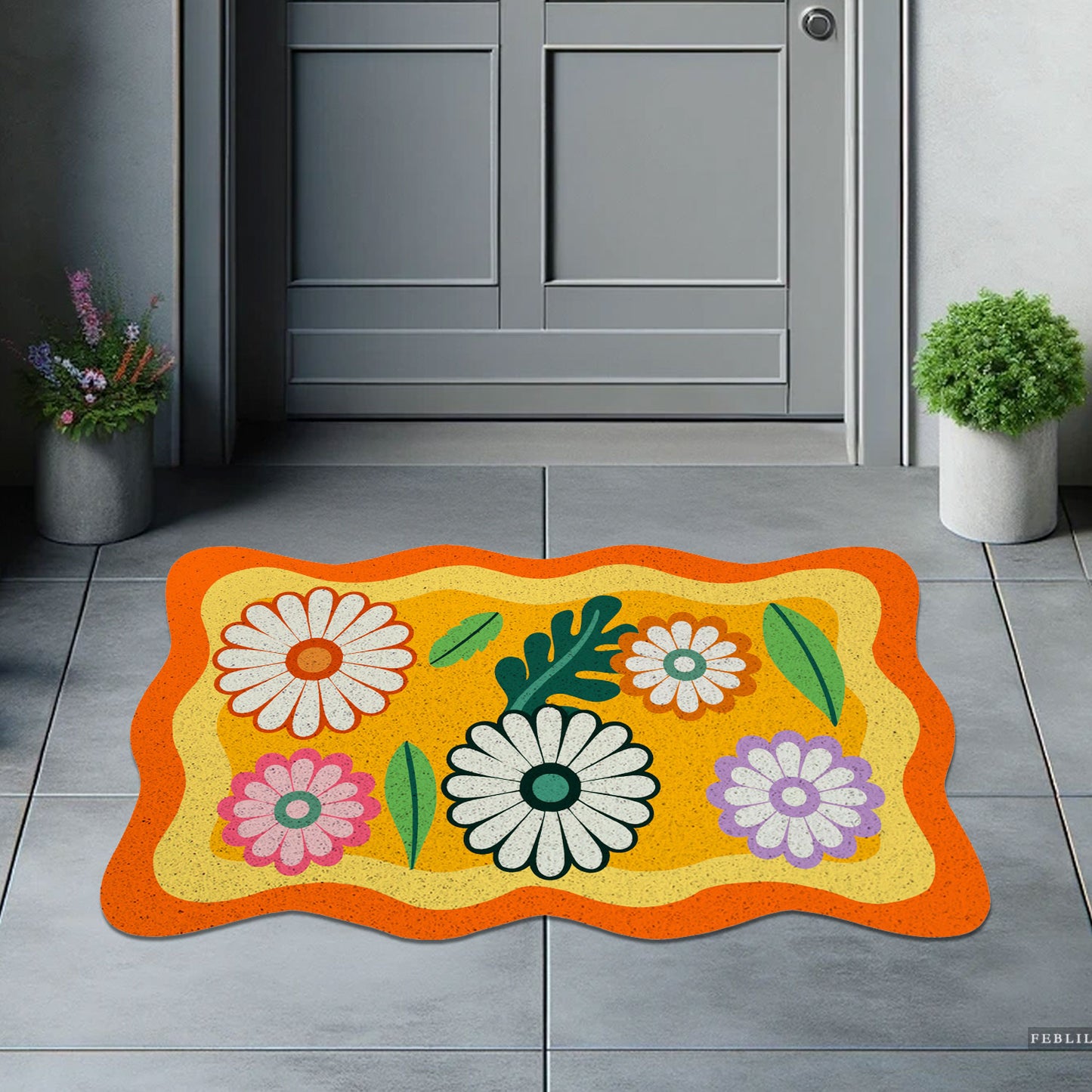 Feblilac Wavy Garden Daisy Leaves PVC Coil Door Mat