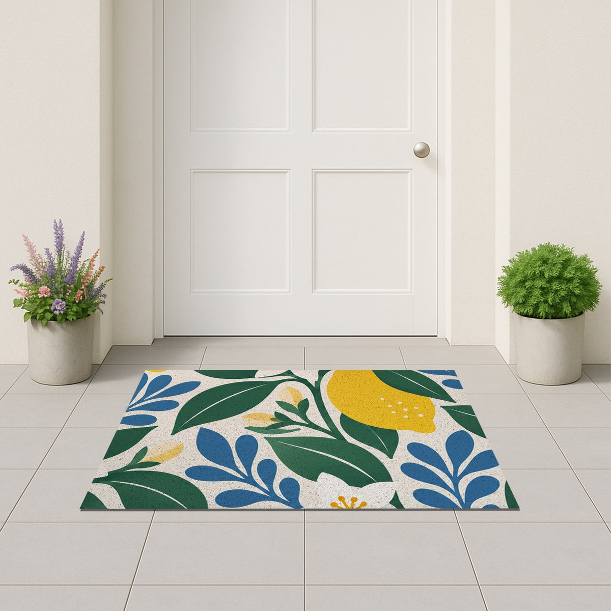 Feblilac Lemon Blossom PVC coil door mat on a paved patio by the entrance