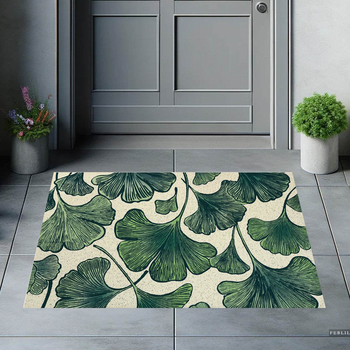 Feblilac Ginkgo Leaf Pattern PVC coil door mat on a paved patio by the entrance