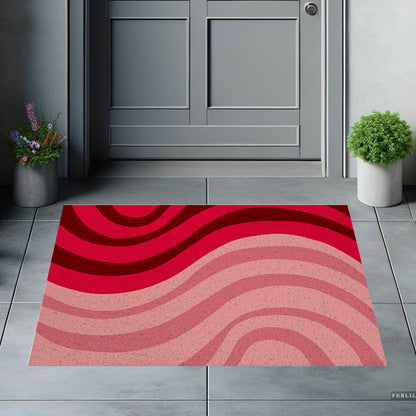 Feblilac Minimal Abstract Curves PVC coil door mat on a paved patio by the entrance