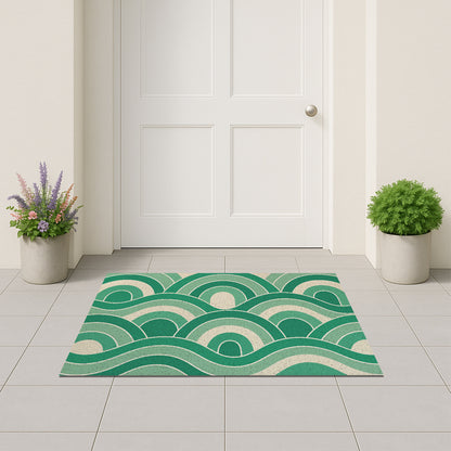 Feblilac Green Wave PVC coil door mat on a paved patio by the entrance