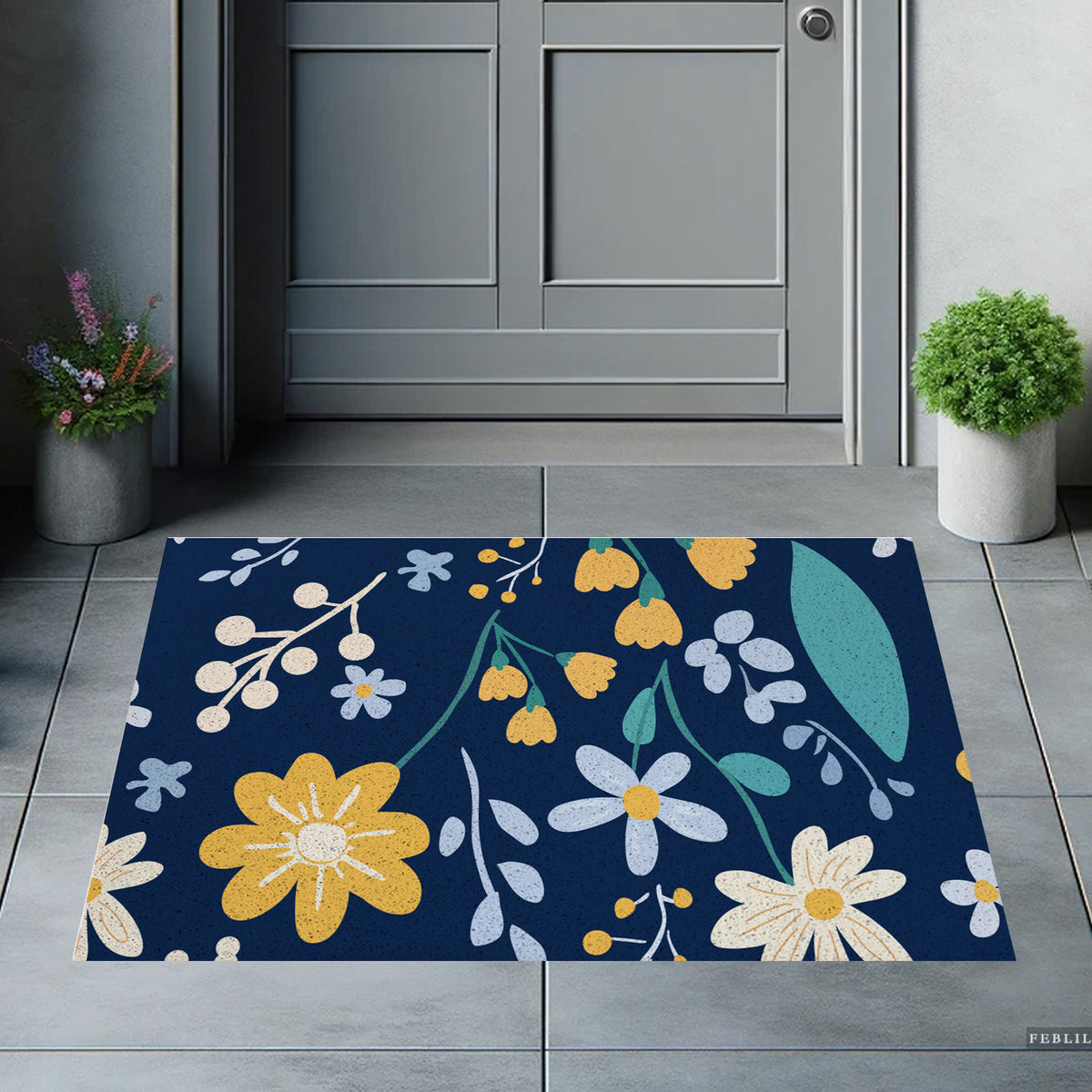 Feblilac Flower Pattern PVC coil door mat on a paved patio by the entrance