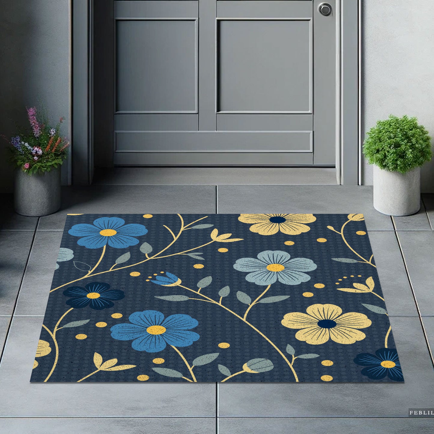 Feblilac Japanese Blue and Gold Flowers PVC Coil Door Mat