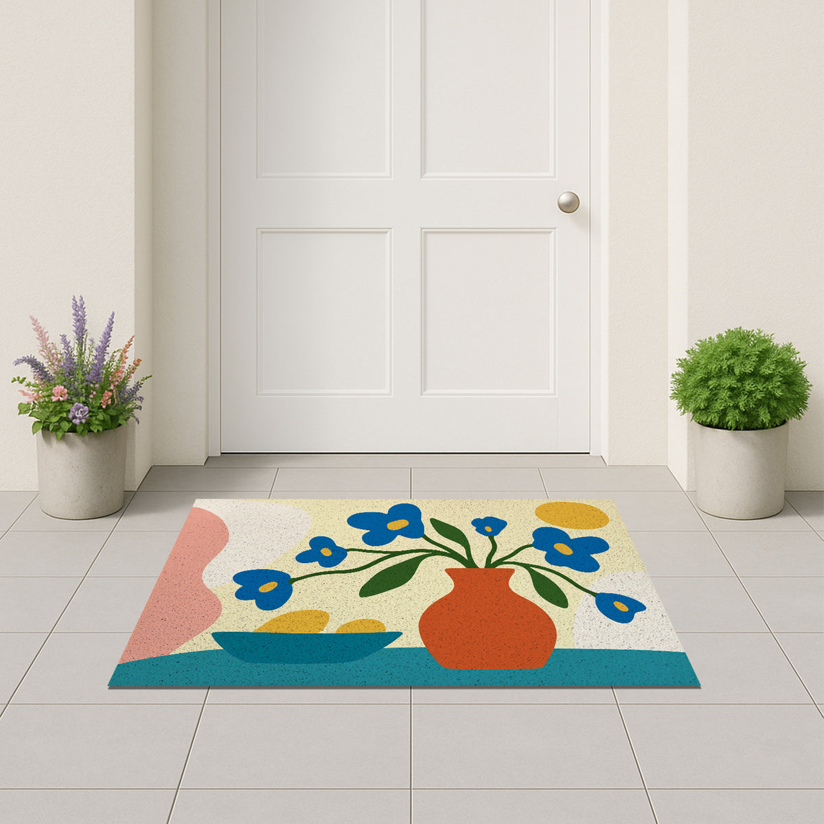 Feblilac Vase and Blue Flowers PVC coil door mat on a paved patio by the entrance