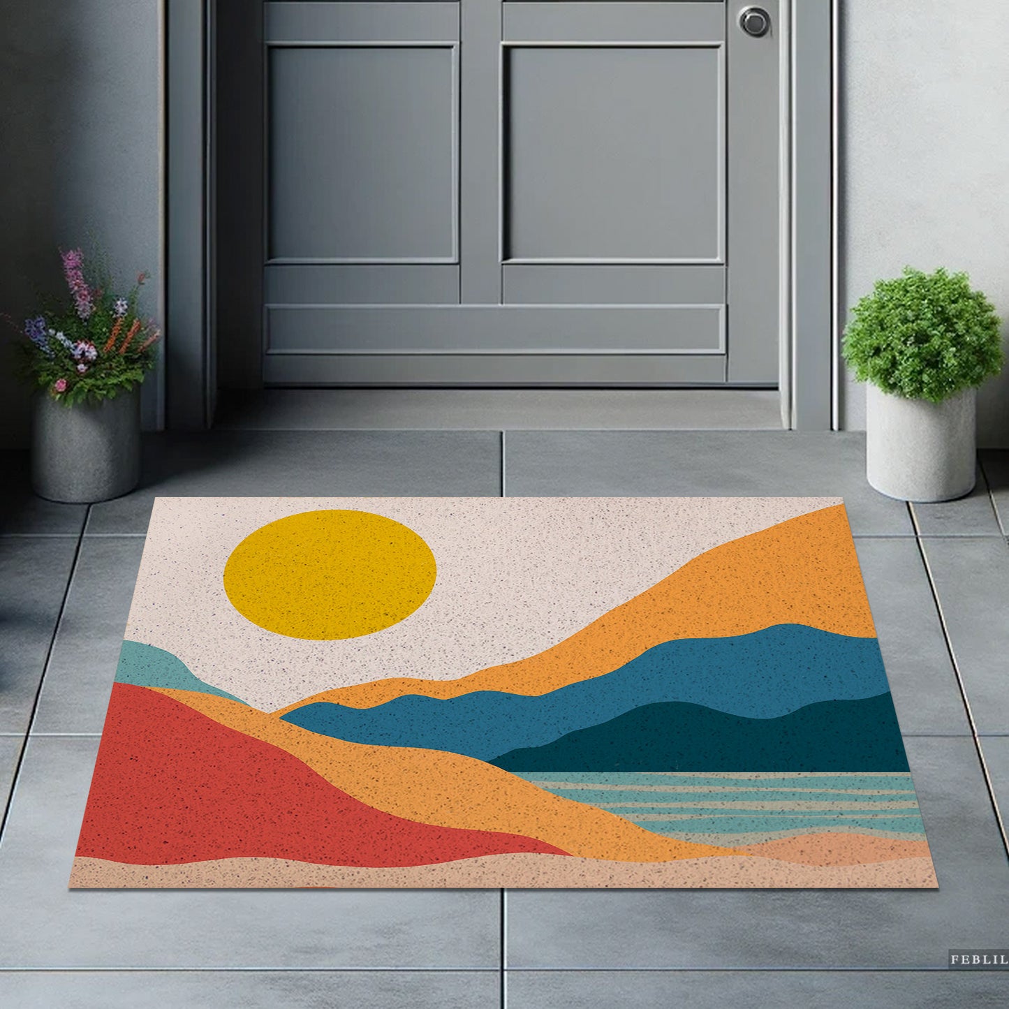 Feblilac Red Orange Blue Lake Sunset PVC Coil Door Mat